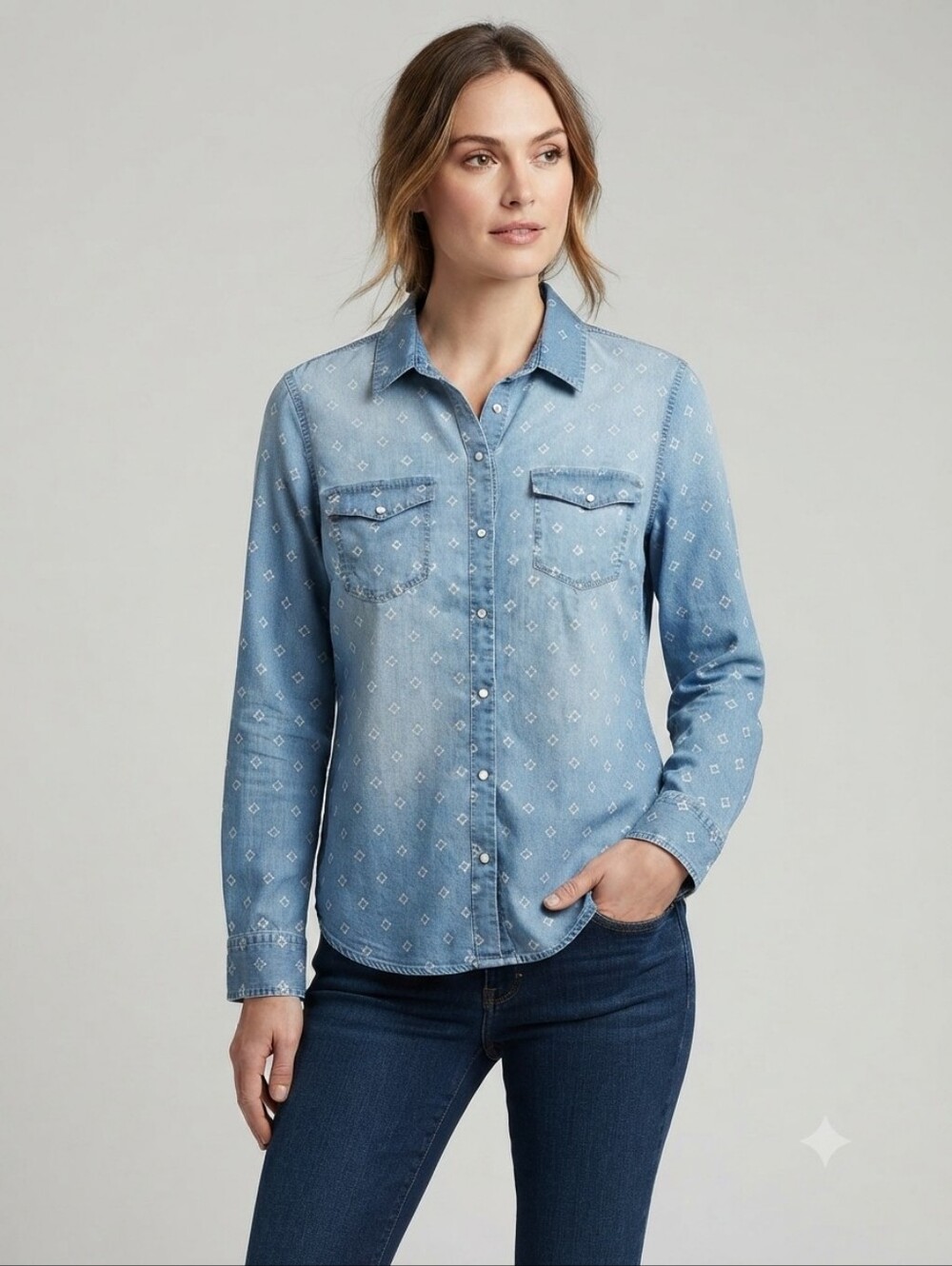 ​Tahari Western Pearl Snap Denim Shirt Geometric Print XL